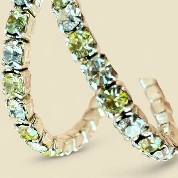 WOMEN’S SILVER HOOP EARRINGS WITH YELLOW & CLEAR CRYSTAL TENNIS SETTING - Picture 12 of 16